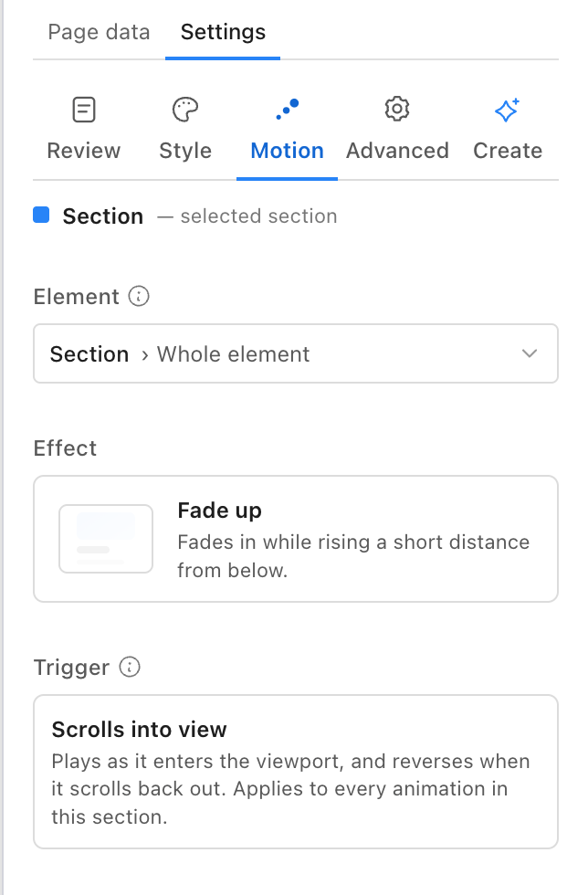 The Motion tab: the target, effect and trigger cards, and the timeline dock